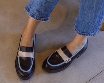 Black Woman Leather loafers with blue and beige details. Handmade in Greece. Very comfy, black rubber sole, perfect gift