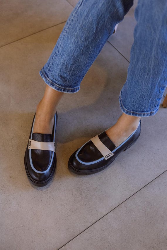 Handmade Leather Loafers: Black Italian Leather with Blue Detail