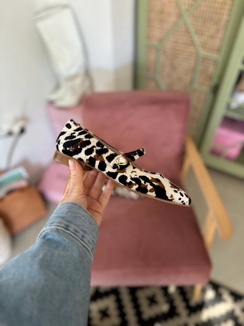cow print flat shoes , handmade cow print Mary janes , women flats ,big sizes made to order shoes, occasion flats shoes ,office shoes. image 10