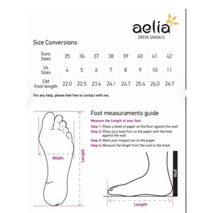 May include: Size conversion chart for sandals, showing European, US, and centimeter sizes. A diagram shows how to measure foot length for proper sizing.