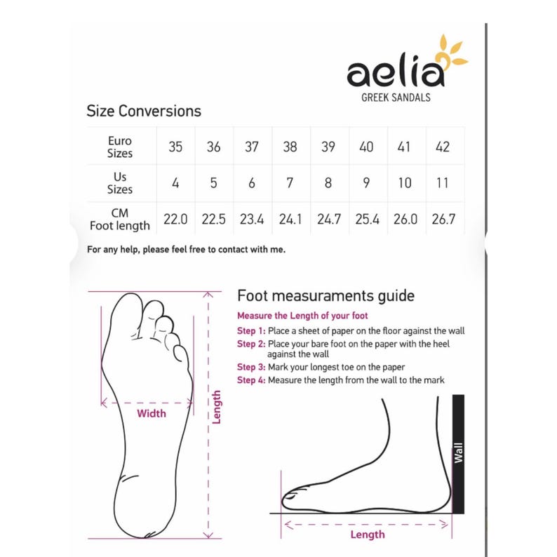 May include: Size conversion chart for sandals, showing European, US, and centimeter sizes. A diagram shows how to measure foot length for proper sizing.
