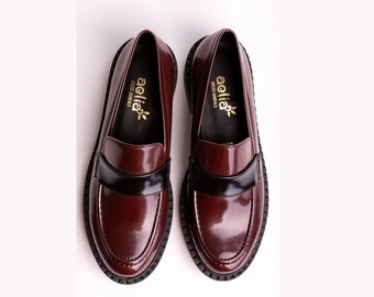 Shiny Vegan Burgundy-Black Woman loafers. Handmade in Greece. Very comfy, black rubber sole, perfect gift, tex leather vegan shoes