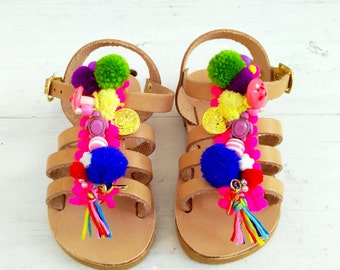 gladiator mini for girls/handmade Greek sandals /aelia boho /"chrisalenia"/pom pom gladiator