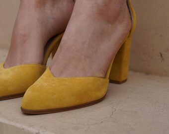 Yellow Suede High Heels: Heart Cut Italian Leather Pointed Pumps