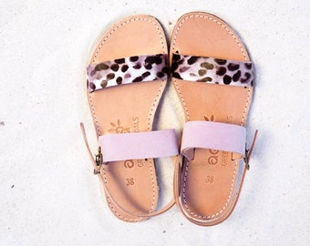 handmade sandals with genuine leather light pink suede and animal print