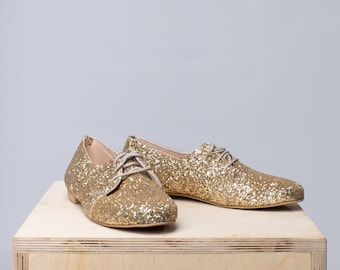 Gold Sparkle Party Flats Shoes, Oxford Gold Shoes