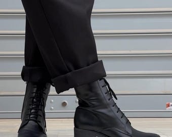 Black Leather Combat Boots, Lace-Up Ankle Boots, Handmade in Greece
