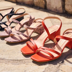 orange Medium Heel thin strap Sandals soft leather . Strappy medium block heels , aelia medium heels sandalen block image 5