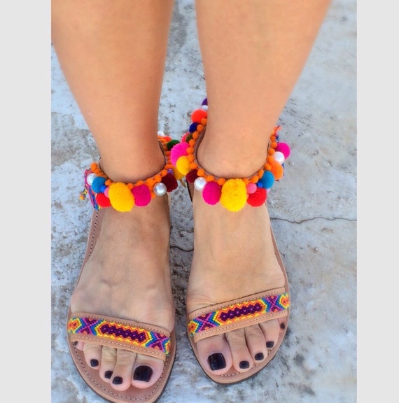 Pom pom sandals/ greek sandals/ankle strap /handmade/geunine | Etsy