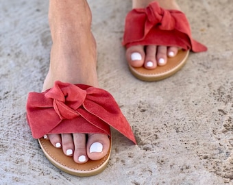 Coral Suede Bow Sandals LIVING CORAL ,Orange Slides  Handmade Leather Sandals