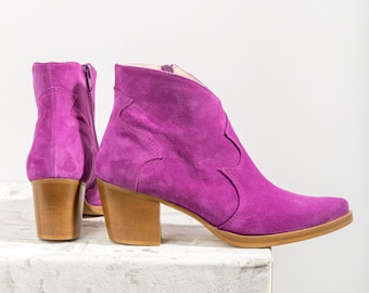 Magenta Suede leather Ankle Boots Cowboy style, pointed ankle boots , western fuchsia shoes .Handmade shoes