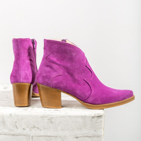 Magenta Suede leather Ankle Boots Cowboy style, pointed ankle boots , western fuchsia shoes .Handmade shoes