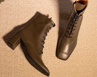 Olive Green Leather Lace-Up Ankle Boots – Square Toe & 6.5 cm Block Heel | Handmade in Greece