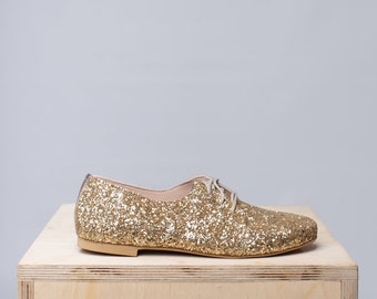Gold Sparkle Party Flats Shoes, Oxford Gold Shoes