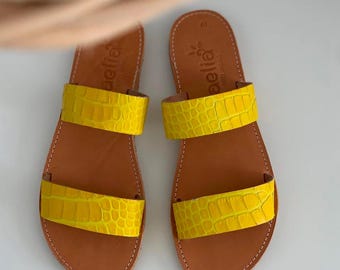Handmade Yellow Snake Print Greek Sandals - Genuine Leather Women's Slippers with Two Straps, every day vacation sandals.