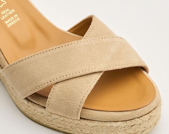 Aria Beige Espadrilles Suede  Leather Espadrille Wedge criss cross sandals espadrilles