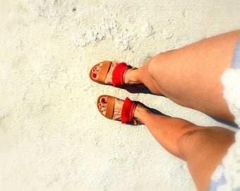 aelia greek sandals/ natural with red tassel / two leather straps /handmade/woman sandals/woman shoes/genuine leather