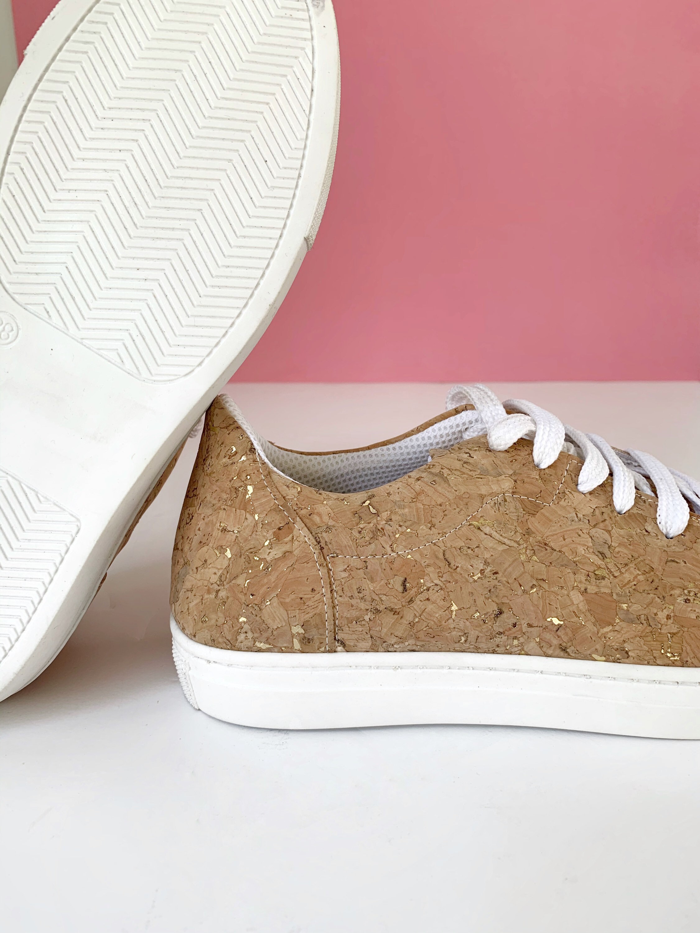 Vegan Cork Sneakers with Gold flakes , Handmade