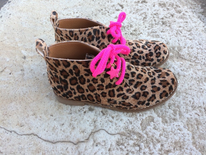 animal print vegan ankle boots/ leopard flat girl shoes/ handmade in Greece / fabric/ fuchsia /school shoes boots image 3