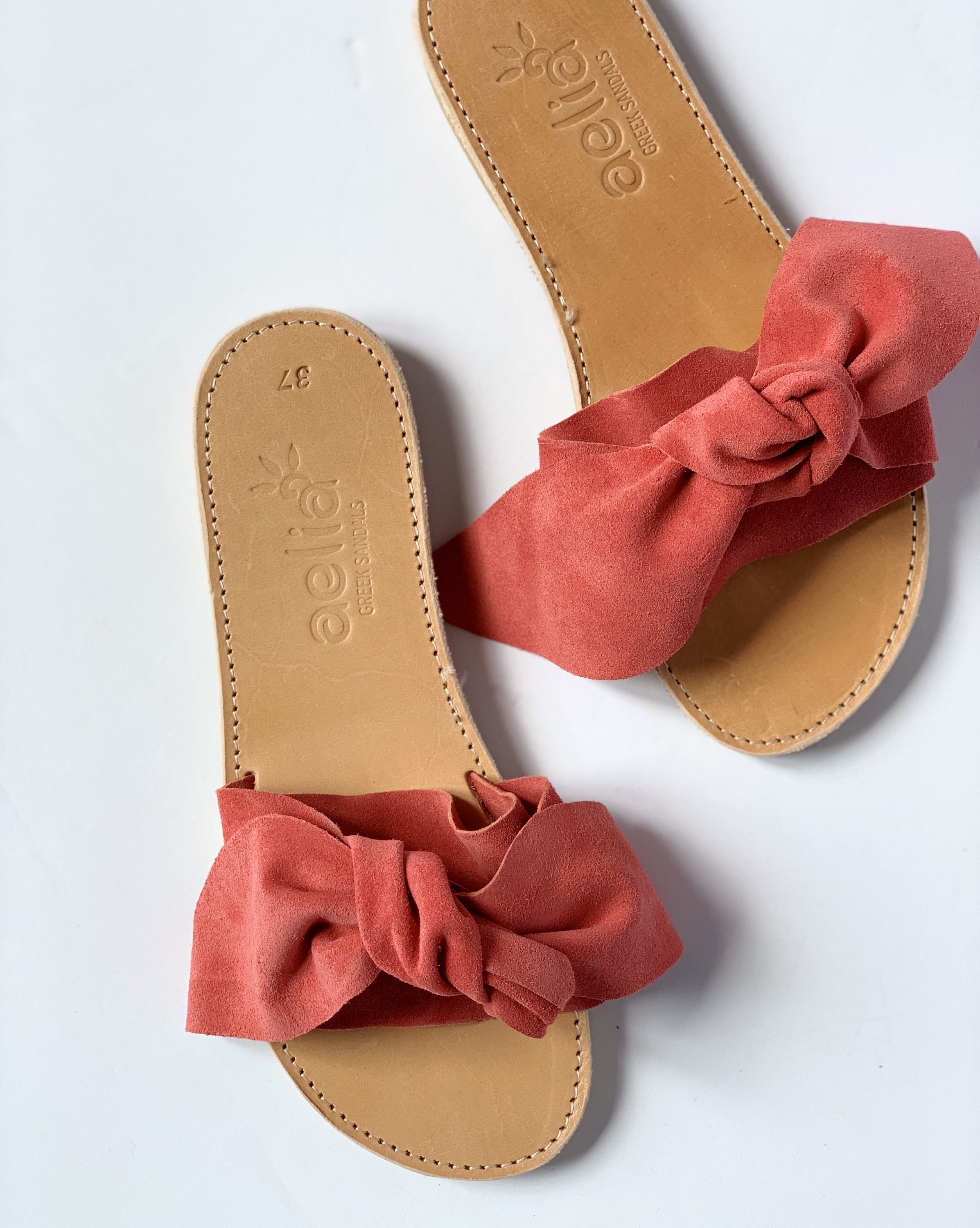 Coral Suede Bow Sandals LIVING CORAL ,Orange Slides Handmade Leather ...