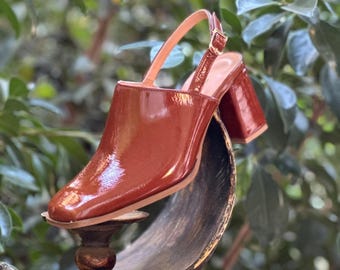 Square Toe Block Heels Clogs/Mules Shoes- Elena brown ,clogs patent leather brown