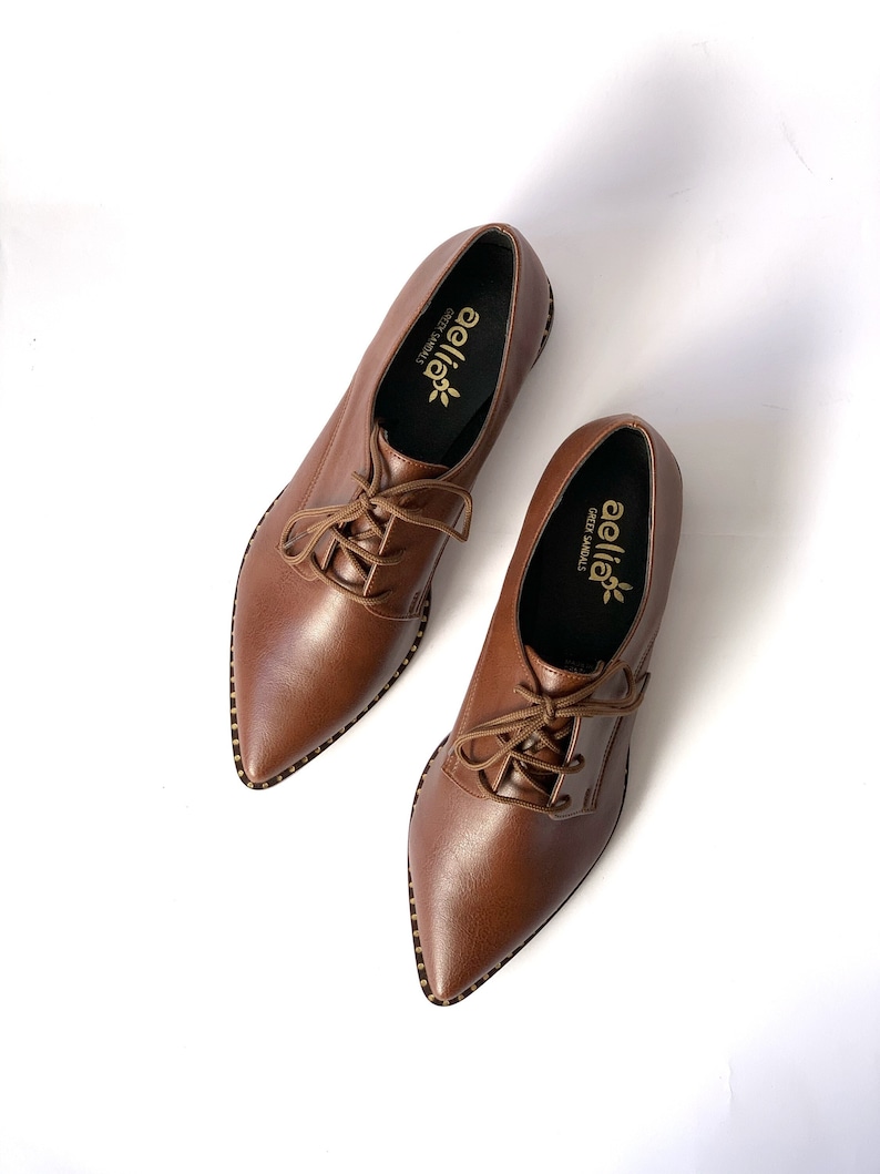 Handmade Vegan Brown Oxford Shoes | Women's Pointed Toe Flats | Derby Style Lace-Up Dress Footwear