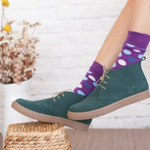 Dark Green Leather Shoes Handmade Aelia Sneakers Green Ankle Boots for Women image 2