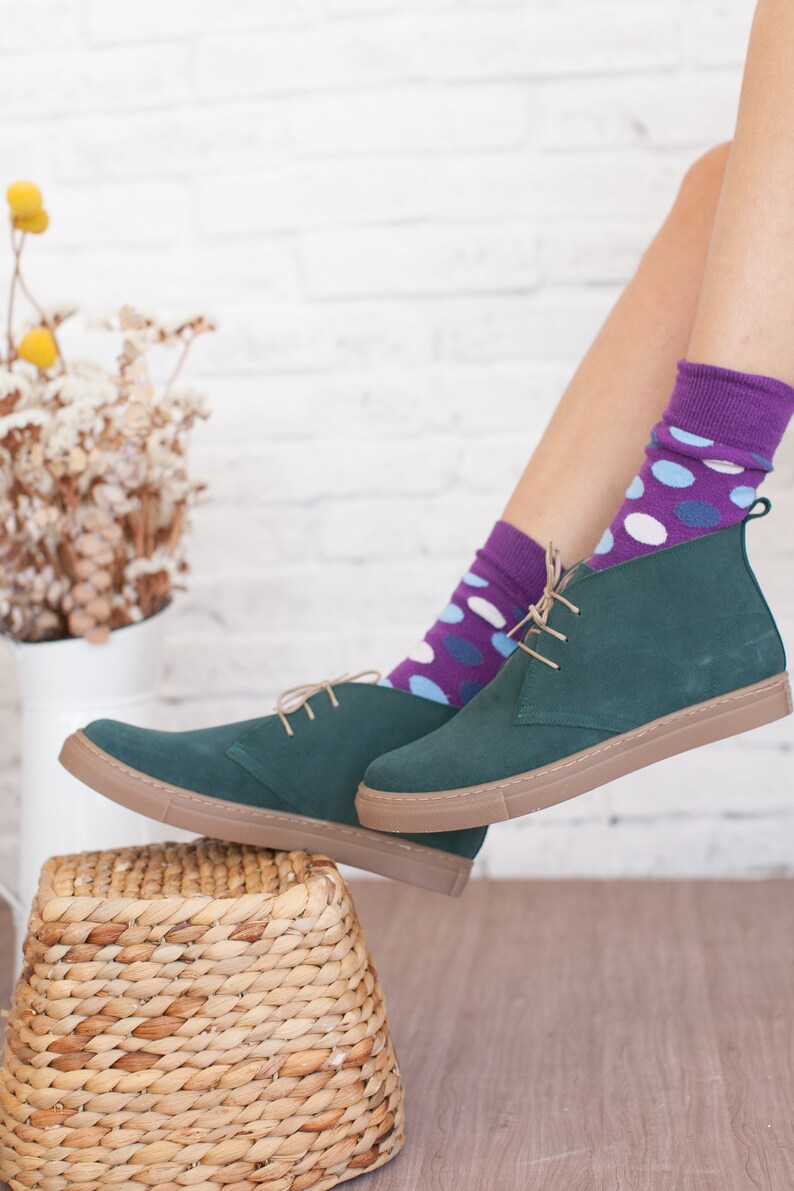 Dark Green Leather Shoes Handmade Aelia Sneakers Green Ankle Boots for Women image 2