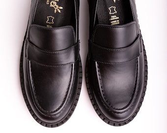 Black Woman Leather loafers. Handmade in Greece. Very comfy, black rubber sole, perfect gift