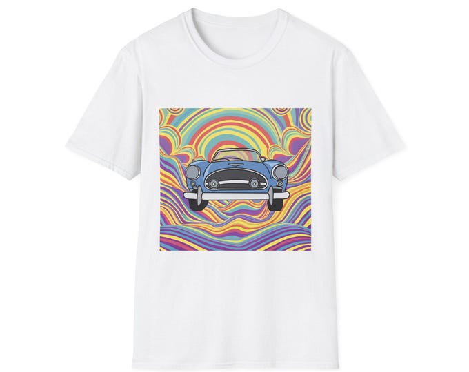 Featured listing image: Retro Car Vibes Unisex Softstyle T-Shirt, Gift for Car Lovers, Vintage Style Tee, Summer Essentials, Music Festival Outfit