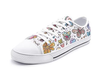 Flower and Hearts Unisex Low Top Canvas Shoes