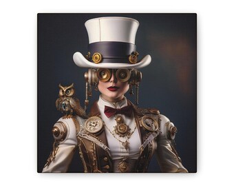 A.I. Generative Steampunk Canvas Art, Vintage Home Decor, Unique Gift, Wall Hanging, Fantasy Artwork, Owl Print