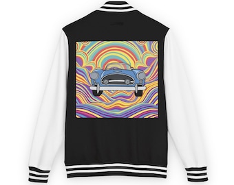 Vibrant Unisex Heavyweight Letterman Jacket with Retro Car Design, Cozy Outerwear for Teens/Adults, Stylish Gift for Car Lovers, Perfect for