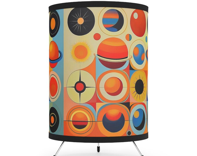 Featured listing image: Retro Planetary Tripod Lamp, Abstract Shade Lighting, Boho Home Decor, Cosmo Themed Gift, Mid-Century Modern Accent Light, Unique Table Lamp
