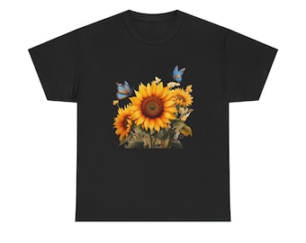 Sunflower Butterfly Unisex Cotton Tee, Floral Graphic T-Shirt, Everyday Wear, Gift for Nature Lovers, Spring Summer Fashion