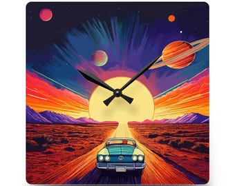 Retro Cosmic Acrylic Wall Clock | Vintage Car Decor, Space Theme, Home Office, Gift for Car Enthusiasts, Unique Wall Art