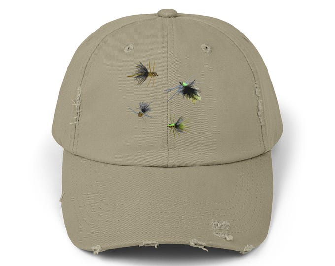 Featured listing image: Fishing Lure Distressed Cap for Fly fishing, hat for fishers, Gift for Nature Enthusiasts, Casual Wear