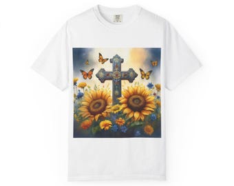 Sunflower Cross T-Shirt, Faith Apparel, Butterfly Tee, Religious Gift, Casual Summer Top