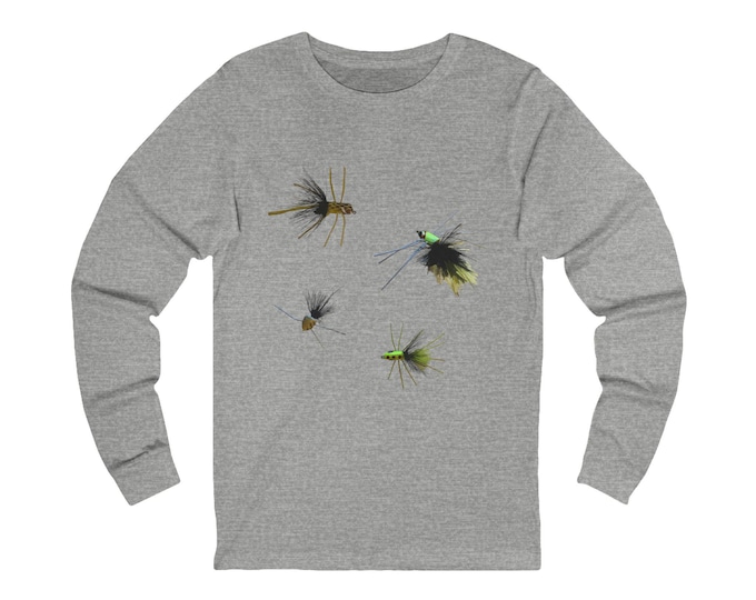 Featured listing image: Fly Fishing lures-Inspired Unisex Long Sleeve Tee, Eco-Friendly Gift, Casual Outfit, Outdoor Adventure, Fishing Enthusiast Apparel