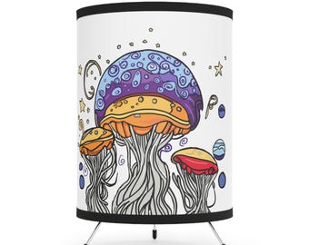 Whimsical Jellyfish Tripod Lamp, Colorful Home Décor, Unique Night Light, Nautical Themed Lighting, Artful Gifts