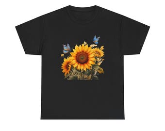 Sunflower Butterfly Unisex Cotton Tee, Floral Graphic T-Shirt, Everyday Wear, Gift for Nature Lovers, Spring Summer Fashion