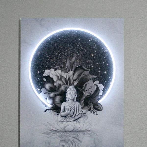 Night Buda", Buddha, Neon Led, Stars, Universe, Moon, Enlightenment, Ilumination, Original Art, Relaxing, Zen Decor, Spiritual Art, Wall