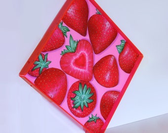 LOVE STRAWBERRIES", Acrylic on Canvas, Strawberries, Fluorescent Pink, Original Art, Decor, Fruits, Painting, Fluorescent Methacrylate Frame