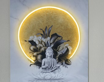 DAY BUDA, Original Art, Meditation, Neon Light, Wall Art, Gold Leaf, Wall Decor, Relax, Ambient lighting, Metal Print, Home Decor, Lamp