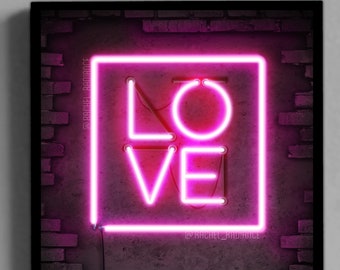 Valentines Day, Gift for him,her, LOVE, Poster, Neon effect, Pink, Decoration, decor room, Lovers, Wall, Digital Illsutration, Print