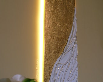 3D fabric textured art, Gold, Minimalist decoration, sculptural textured art, abstract decoration with LED lighting