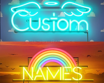 Personalized Names, Custom Name, Baby Shower, Neon Effect, Angel, Rainbow, Decor, Kids room, Newborn, Gift for Children, PRINT