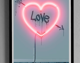 Valentines Day, Gift, Her, Heart, Poster, Love, Lovers, Fall In love, Neon effect, Decoration, Wall, Room, Gift for him, Illustration.