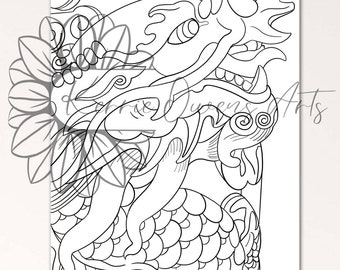May include: Black and white line art illustration of a dragon with clouds and scales. The dragon is facing right and has a large, open mouth. The illustration is a digital download.