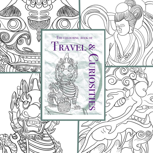 4 digital colouring prints from the Book of travels and curiosities, dragon edition.